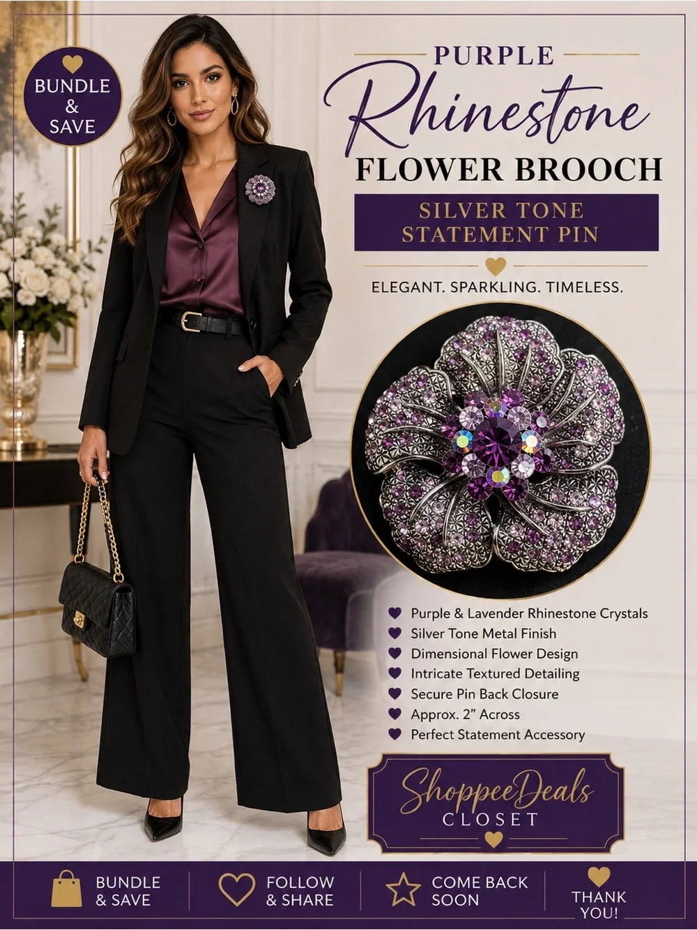 Purple Rhinestone Crystal Flower Brooch Silver Tone Statement Pin